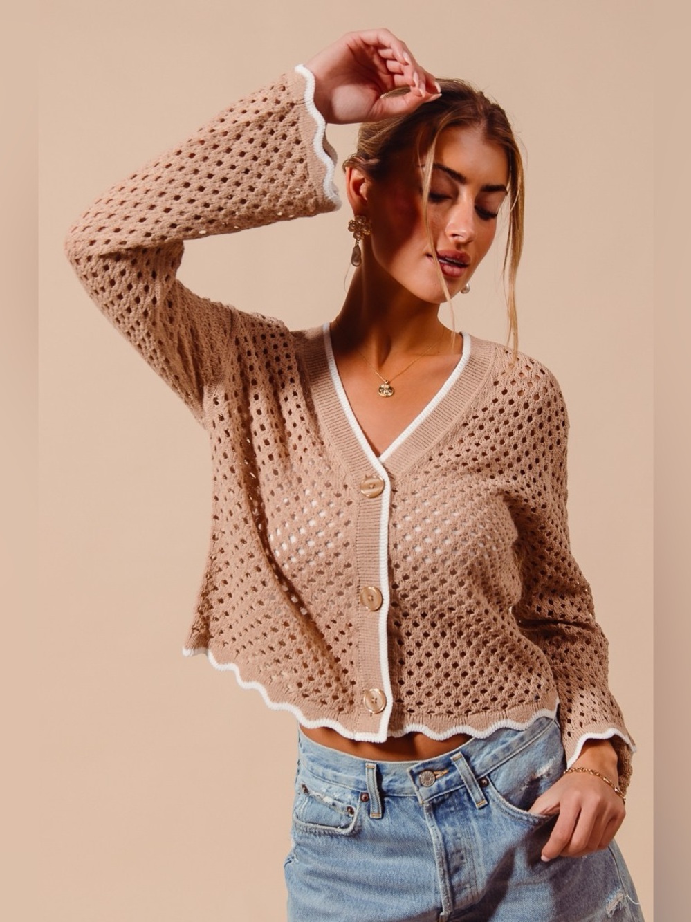 SO ME Open Knit Light Weight Sweater Cardigan With Contrast Wavy Scallop Edge - Picture 10 of 11
